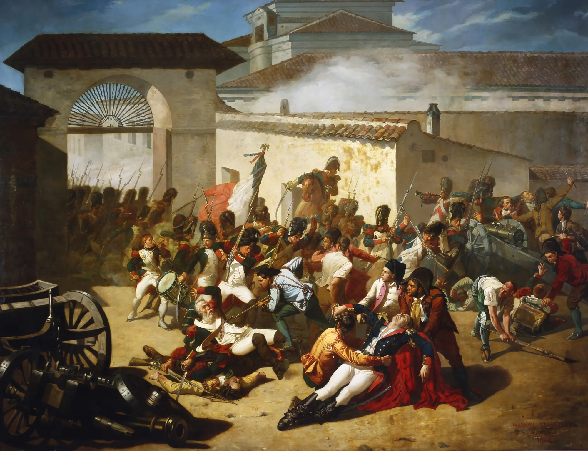 A dramatic history painting of the Dos de Mayo Uprising in Madrid, showing soldiers and civilians in chaotic street combat.
