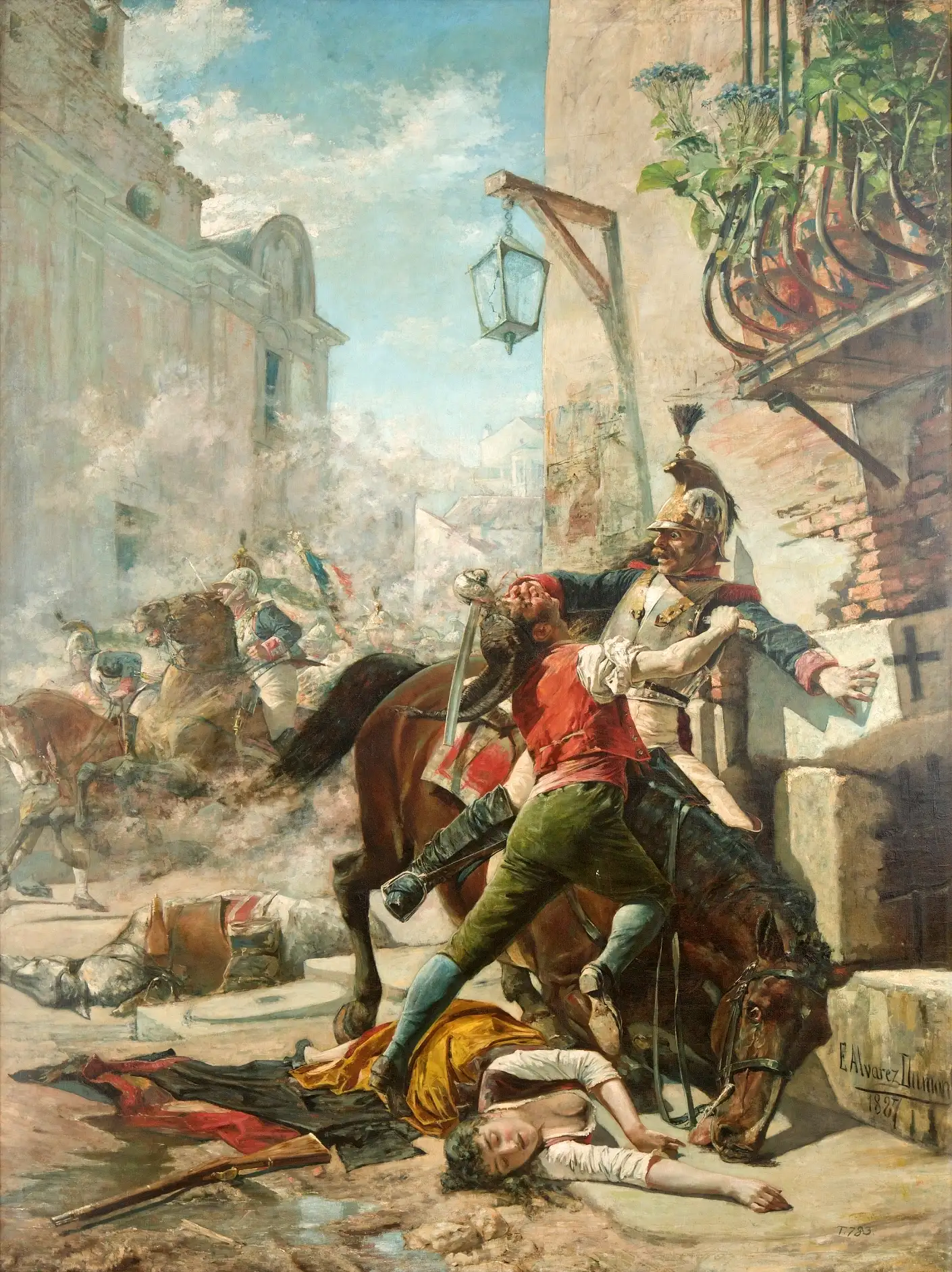 Painting of a street battle. A civilian man fights with a soldier on horseback while a woman lies on the ground.