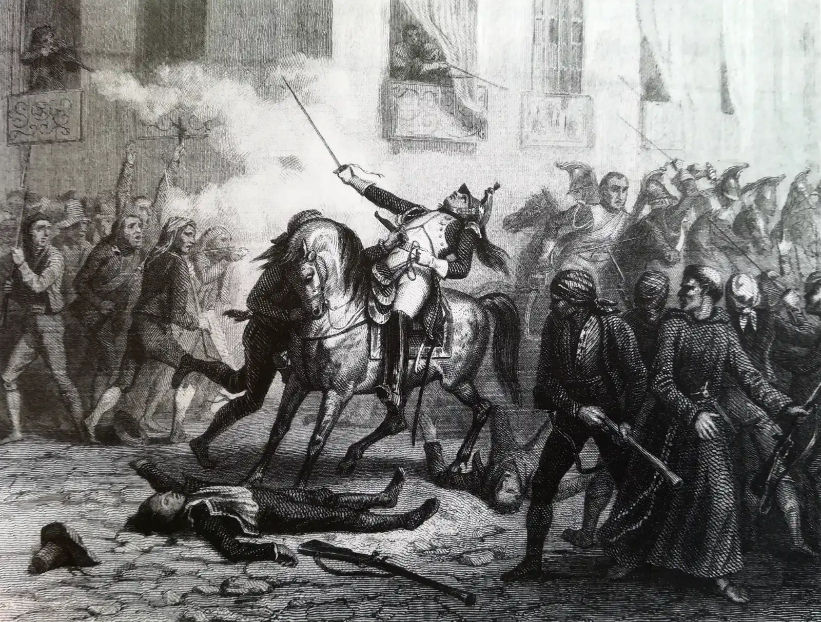 A black and white engraving showing a street battle between Napoleonic troops and Spanish civilians in Madrid.