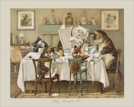 Ilustracja w stylu vintage przedstawiająca uczłowieczone koty jedzące śniadanie przy stole i czytające gazetę.