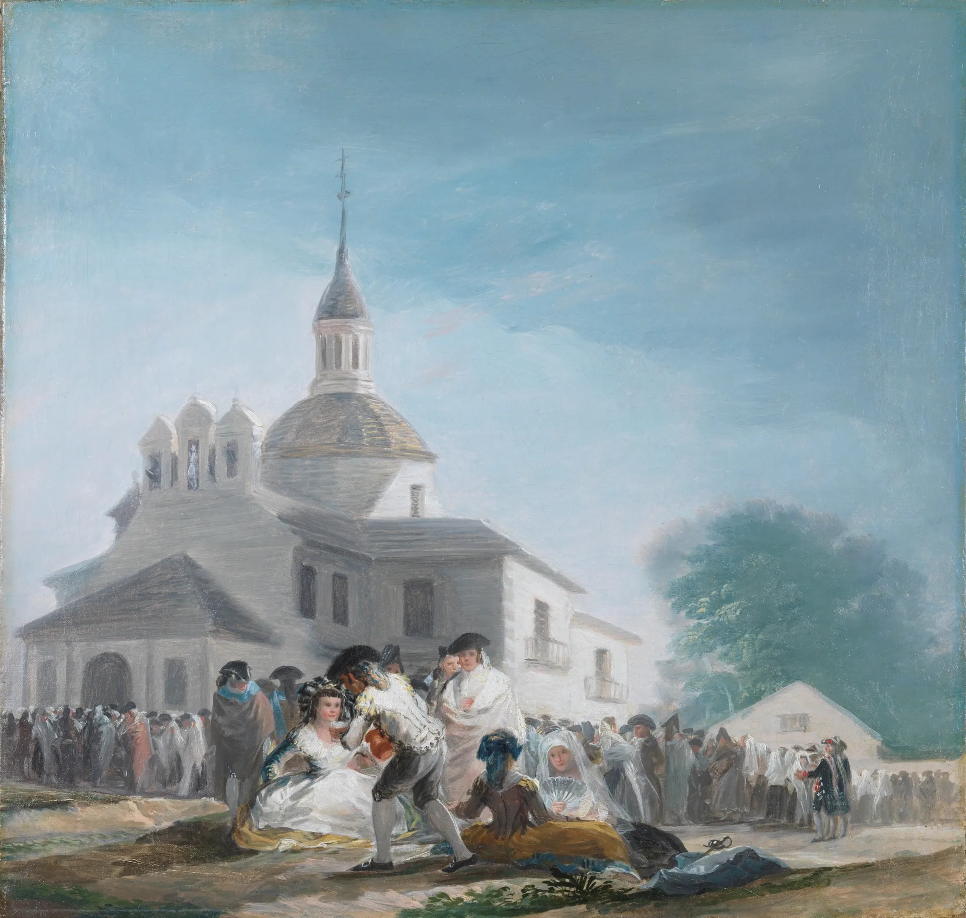 Goya's painting 'The Meadow of San Isidro', showing crowds gathered near the hermitage in Madrid on a feast day.