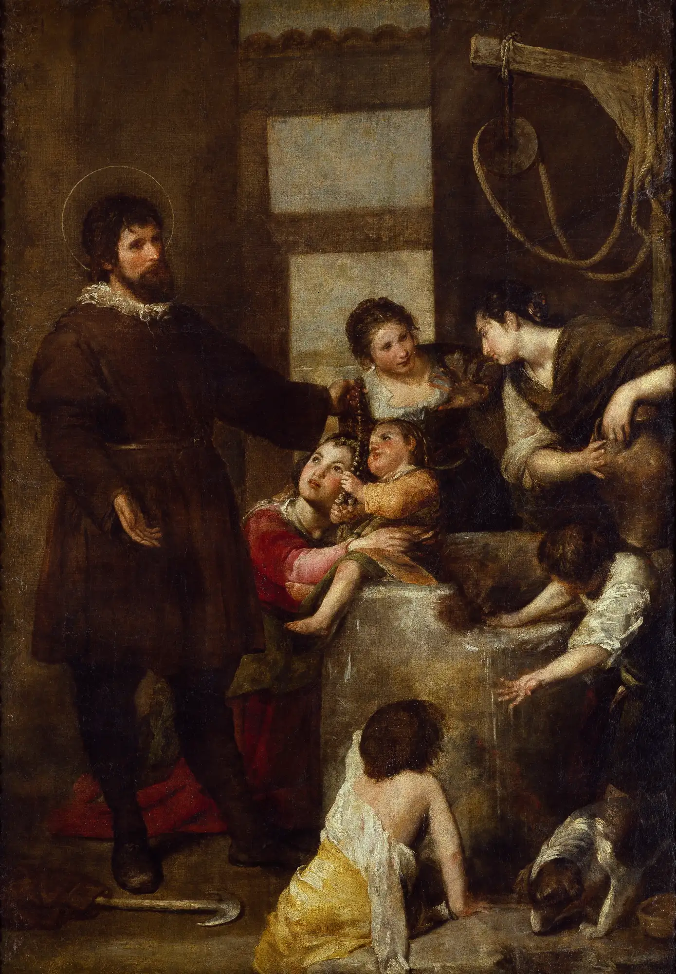 Painting of a saint with a halo, surrounded by women and children at a stone well.