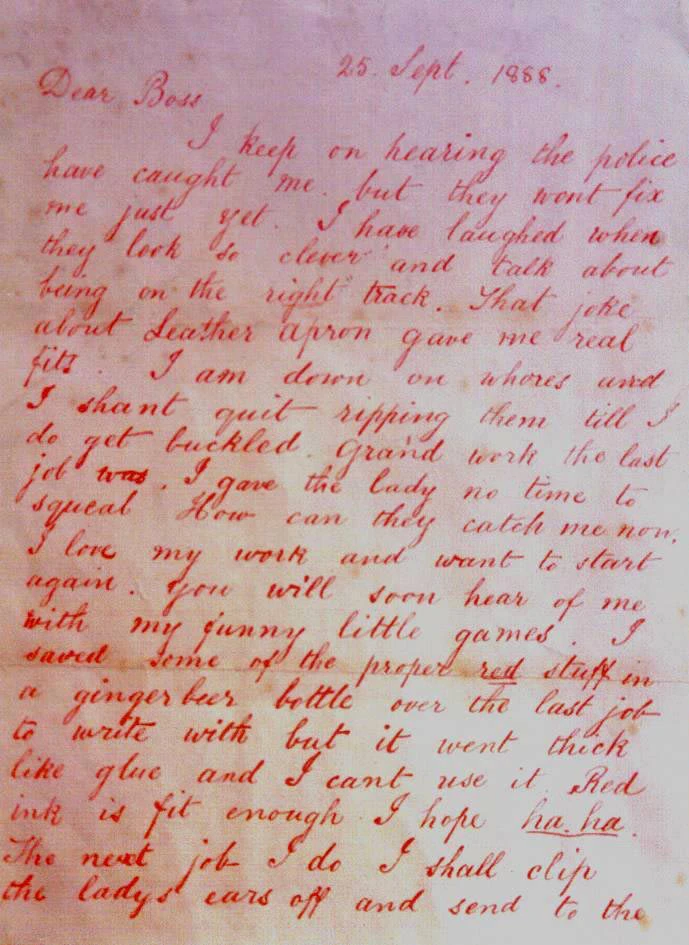 A close-up of the 'Dear Boss' letter, handwritten in red ink and dated 25th September 1888.