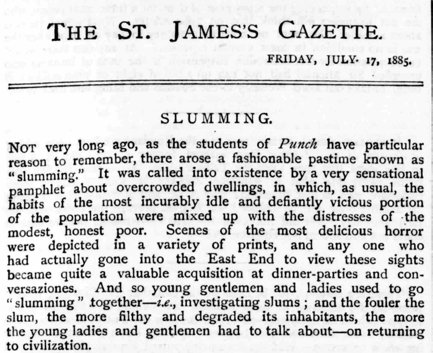 A newspaper article from The St. James's Gazette, dated July 17, 1885, with the headline "Slumming".