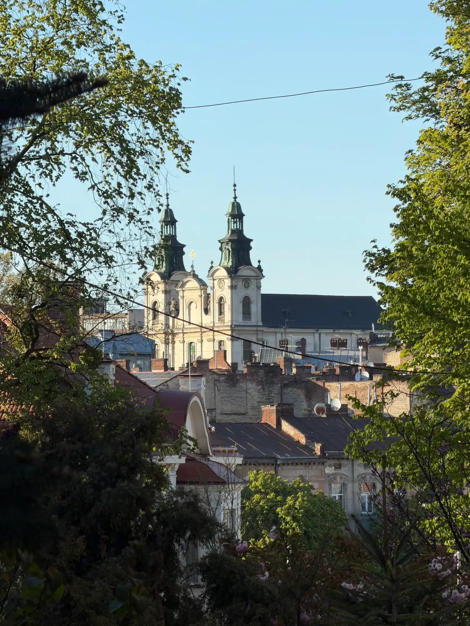 The twin towers of the Carmelite Church in Lviv, seen over rooftops and framed by lush green trees.